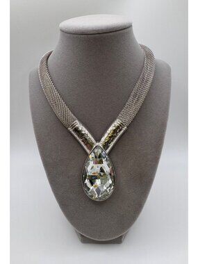 Signed Crown Q Silver Mesh Necklace Large Faceted Glass Pendant Statement